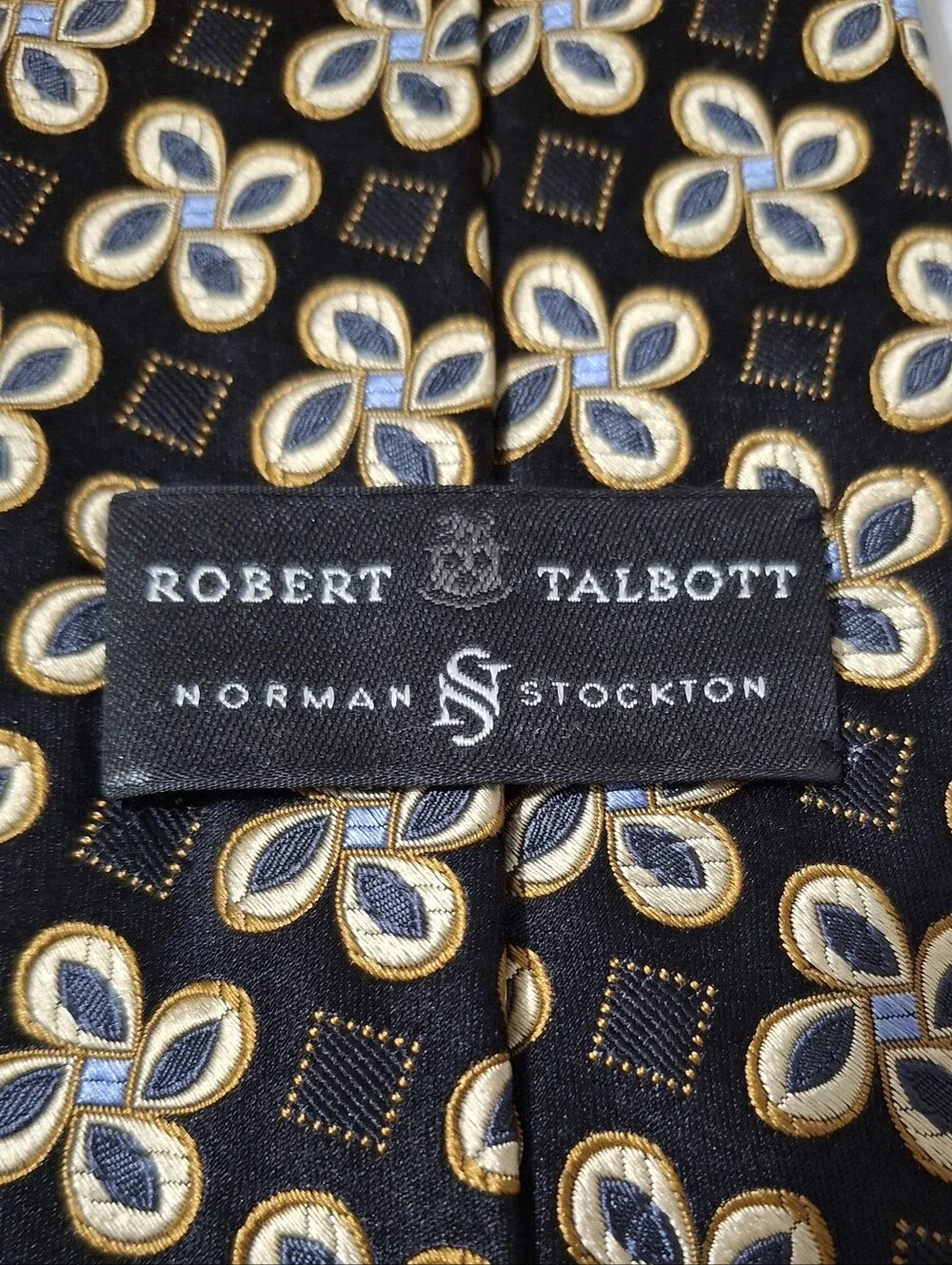 NOS VTG Robert Talbott For Norman Stockton Black Gold Silk Geometric Print Tie